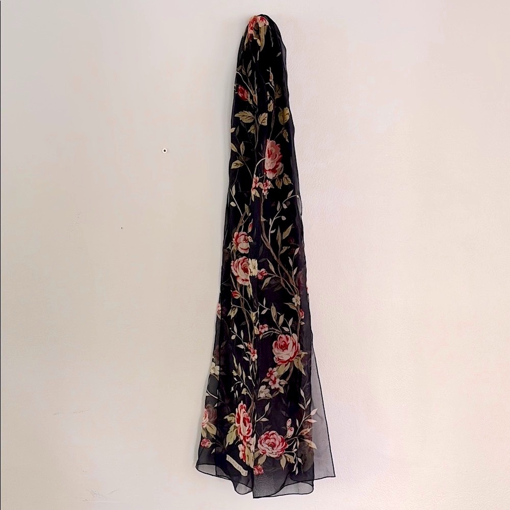 100% Silk Floral Black Sheer Scarf